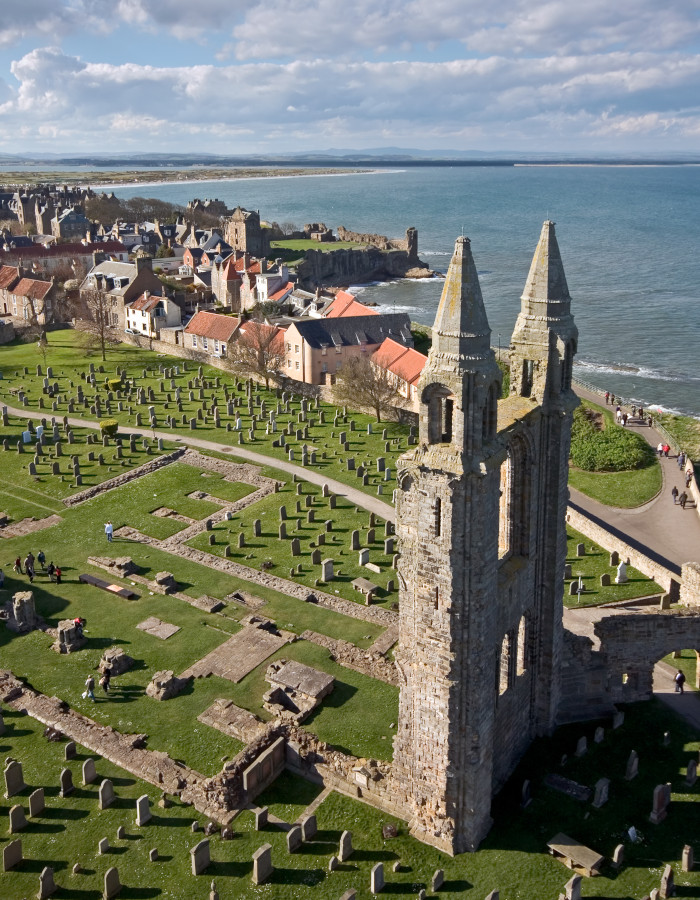 A view of St Andrews, Scotland, with the east gable of the ruined cathedral in the foreground.