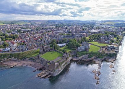 St Andrews castle an cathedral drone view from above along the coast